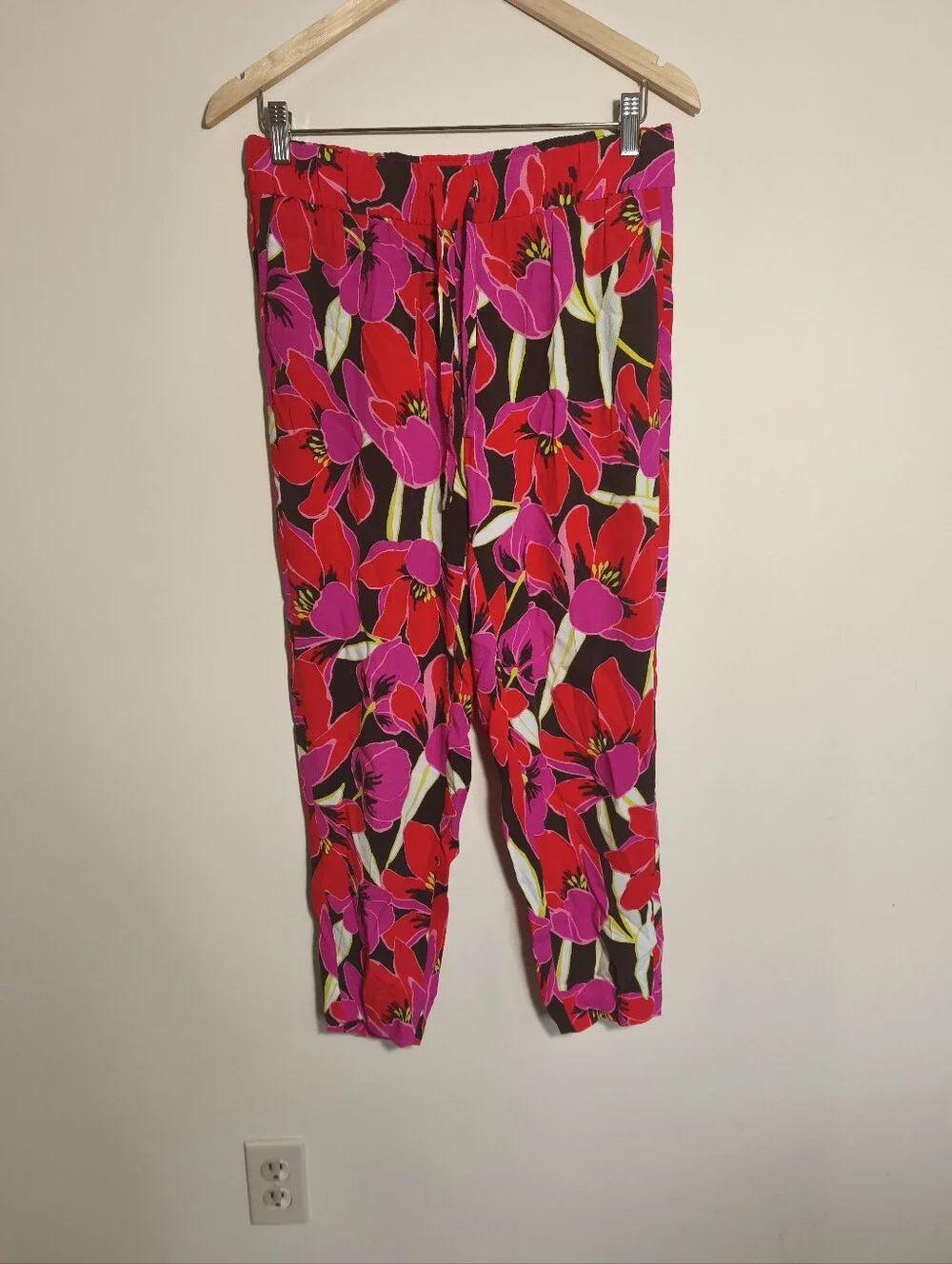 Kate Spade Hutton Tropical Floral Pull On Pants sz 2 Pink Red Resort Chic Artsy